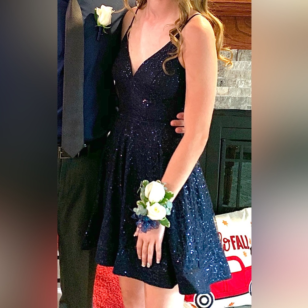 lace and sequined navy dress